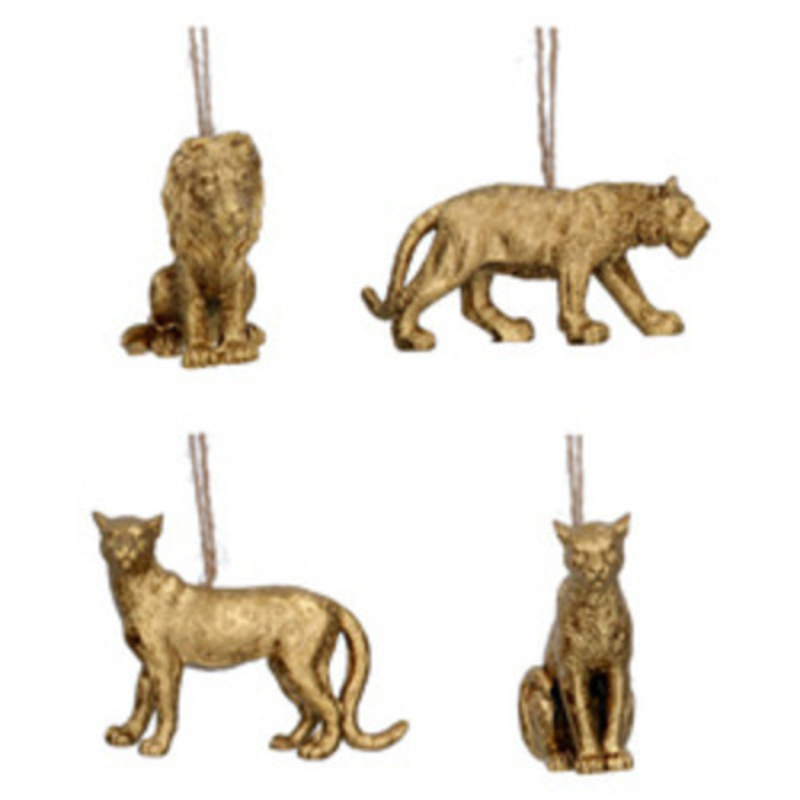 These old gold resin hanging jungle cats come in 4 different designs.  Choose from four beautiful big cats in different positions.  These Christmas decorations are perfect for hanging on the Christmas Tree. Made by London based designer Gisela Graham who designs really beautiful and unusual Christmas decorations and gifts for your home.Ê Would suit any Christmas tree and would make a lovely Christmas gift.ÊThese are sold indivually. If you have a preference please state when ordering otherwise we will select a design for you. if you purchase 4 cats we will send you one of each design.